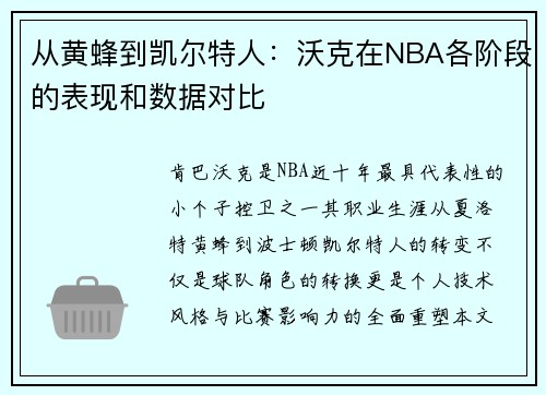 从黄蜂到凯尔特人：沃克在NBA各阶段的表现和数据对比